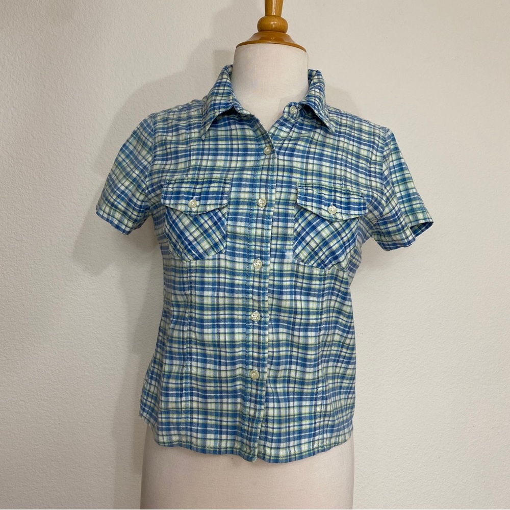 At Last & Co Blue Green Plaid Gauzy Cotton Short Sleeve Button Down Shirt Size M